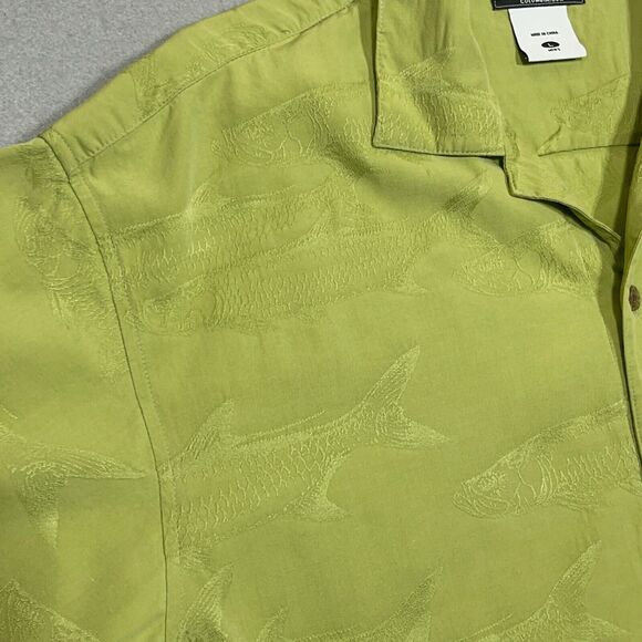 COLUMBIA River‎ Lodge Shirt Men Large Silk Blend Hawaiian Button Up Green Fish - Picture 3 of 10